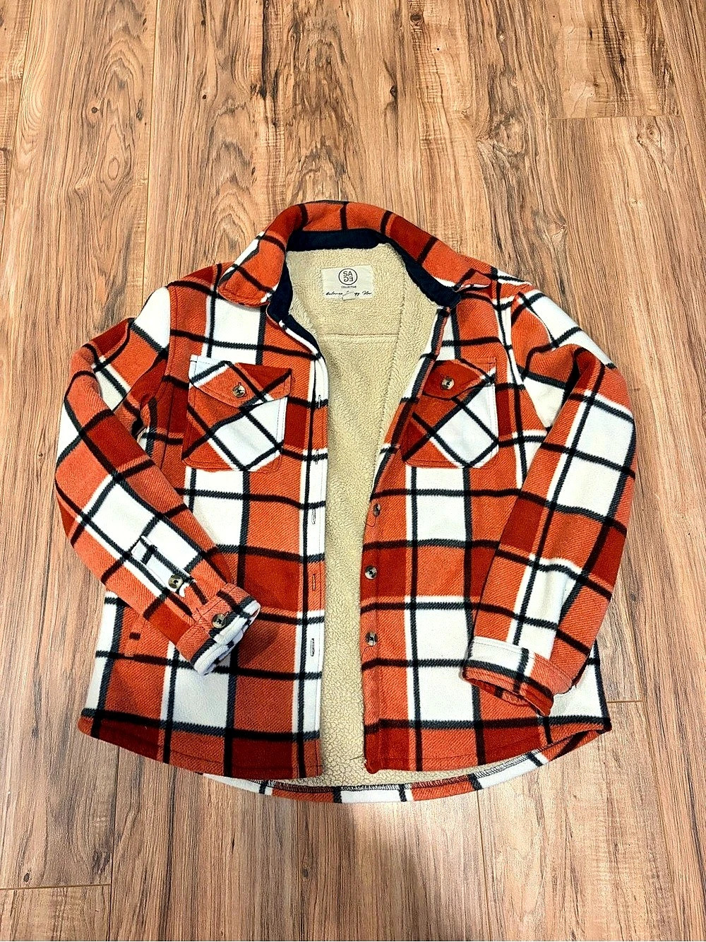 SAGE Collective Women's Plush Shirt Jacket Plaid Orange & White Small